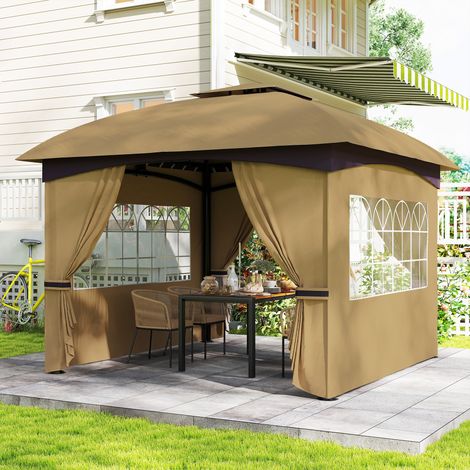 Padiglione da giardino 3,4 x 3,4 m, tenda da birra con tetto ventilato, finestre ad arco, struttura in acciaio, beige