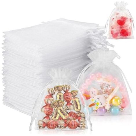 Lot de 60 petits sachets en organza à remplir - 7 x 9 cm - Pour cadeau de mariage - Blanc (1/4)
