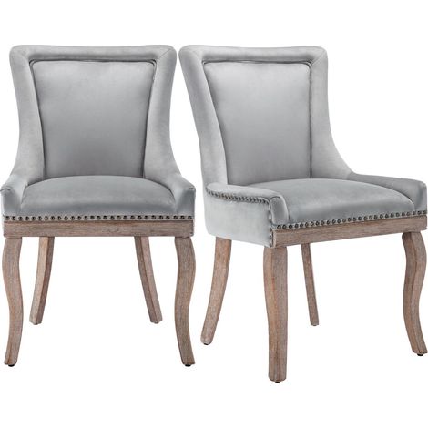 2 chaises salle à manger luxe gris velours - Rembourrées cloutées - Pieds bois massif - Cuisine/salon - Garniture premium (1/5)