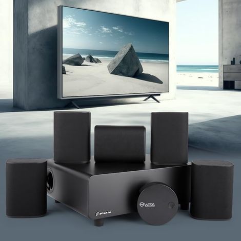 5.1 Système home cinéma sans fil compact – Milan Surround Sound Set, WISA Low Latency. Le meilleur rapport qualité-prix pour les petits salons et appartements. Couleur noire.