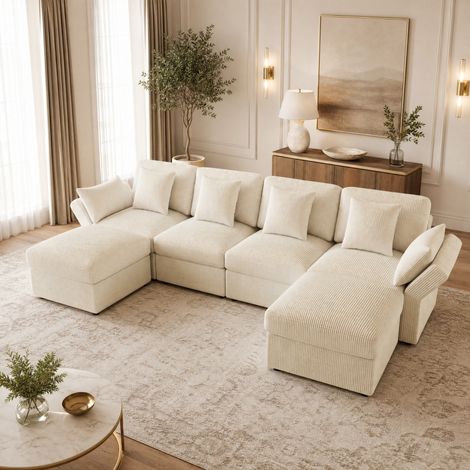 Divano angolare modulare con pouf in velluto a coste OKMYHOME (1/5)