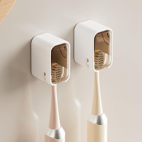 CCYKXA  Set of 2 Wall-Mounted Toothbrush Holders for Bathroom, Sturdy Stickers with Lids, Toothbrush Head Organizer for the Family, Brown (1/5)