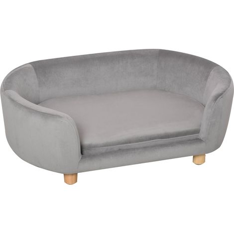 Canapé/lit pour chien en velours hollandais, avec dossier, pieds en bois et coussin, idéal pour les petits chiens et chats. Dimensions : 86 x 55 x 33 cm, gris clair.