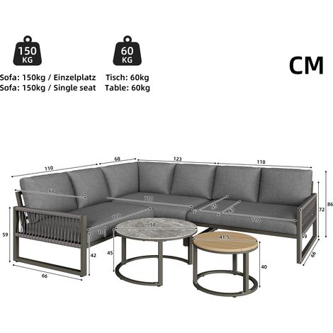 ELVMI Gartenlounge Set mit 1 Ecksofa und 2 Couchtischen, Metall und Polyester, Grau (1/4)