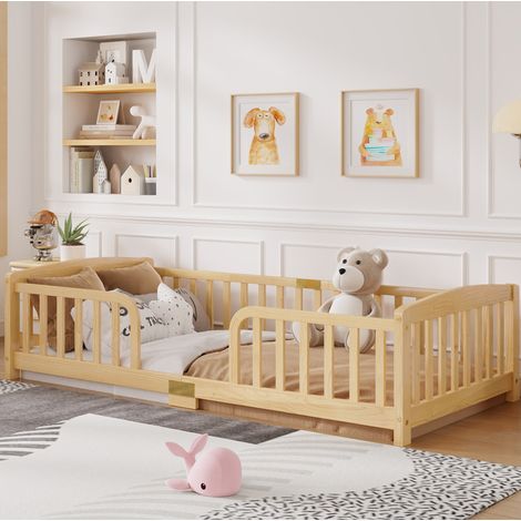 Lit enfant 90x200 cm en bois naturel, avec barrières, facile à monter pour chambre, FloraGrace (1/5)