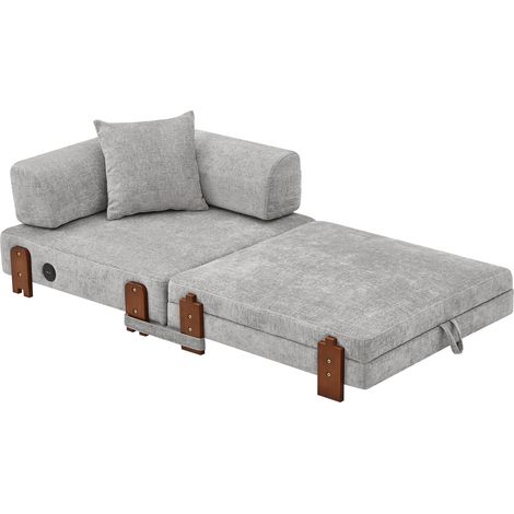 Canapé lit compact 2 places en tissu gris clair, convertible 2-en-1 avec ports USB et Type-C, rangements latéraux et accoudoirs pour petits espaces CHICFURN (1/5)