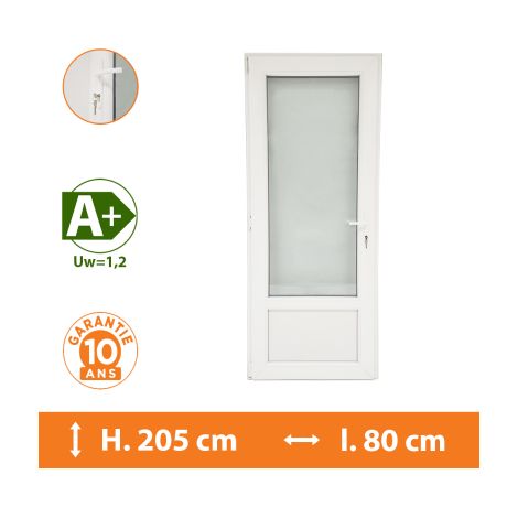 Direct Fenêtres – Porte-fenêtre PVC 1 vantail blanc – Tirant gauche – H.205 x l.80 cm – Double vitrage 4/16/4 – Isolation thermique A+