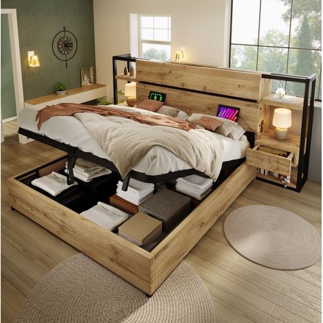 Bett 160x200 cm im Industrial-Stil aus MDF und Metall, Eiche, Kopfteil mit 2 Schubladen und USB/Type-C (1/5)