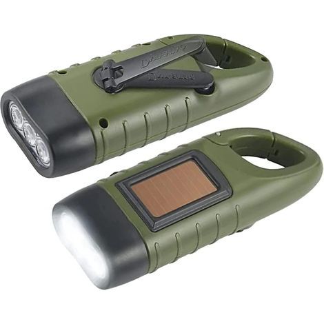 Lot de 2 lampes de poche à LED solaires, Lampes de poche à manivelle lampe de poche d'urgence LED rechargeable à énergie solaire, Pour l'extérieur, randonnée, cadeau, équipement d'urgence (vert armée) (1/4)