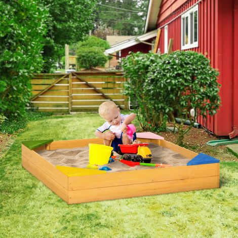 Bac à sable en bois pour enfants de 3 à 8 ans, avec revêtement en tissu non tissé et 4 places assises pour le jardin, 109 x 109 x 19,8 cm, couleur naturelle