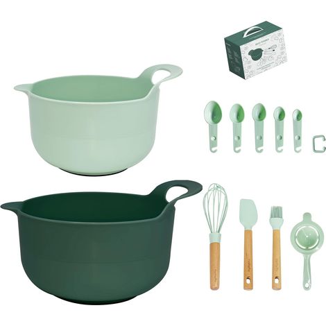Lot de 11 bols à mélanger en plastique avec fournitures de cuisson, bols gigognes verts avec bec verseur/poignée, base antidérapante, cuillères à mesurer, fouet à œuf, spatule et pinceau (1/5)