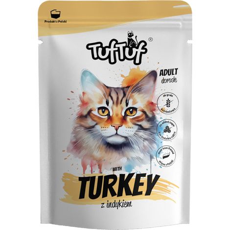 Cibo umido per gatti TufTuf, gusto tacchino, bustina da 100 g, carne in scatola.