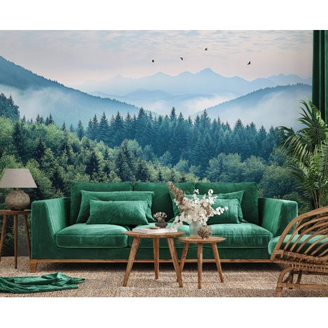 Vlies Fototapete Berge Gebirge 150x105 cm, Tapeten, für Wohn und Schlafzimmer, Vliestapete Wandtapete Tapete 3D Effekt- inkl. Kleister - Landschaft Natur Nebel Wald, WallArena (1/4)