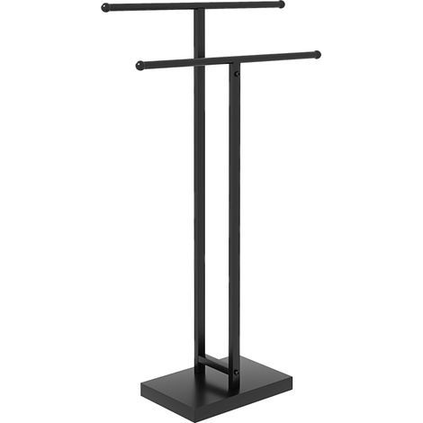 Toallero de pie independiente de 2 niveles en metal para el baño, dim. 50l x 18,5P x 85H cm, negro (1/5)