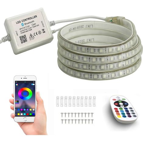 20m Ruban de LED RGB, Bande de contrôle Bluetooth, Bandeau lumineuse dimmable avec transformateur et 24 boutons télécommande IR, 5050 SMD 60 LEDs/m, flexible, 230V strip, étanche IP65 (1/5)