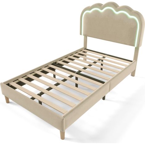 Cama individual 90 x 200 cm con LED, estructura tapizada beige de lino y cabecero ajustable (1/5)