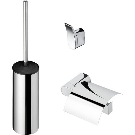 Geesa Wynk Set d'accessoires WC - Brosse de WC avec support - Porte-rouleau de toilette avec couvercle - Crochet à serviette - Chrome (1/2)