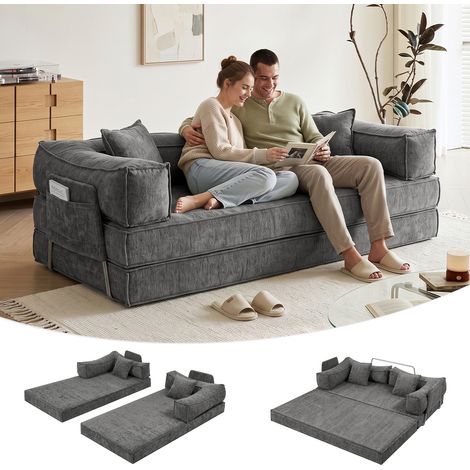 WOLTU 3-Sitzer Schlafsofa 207cm, Bodensofa mit 2 Kissen, Chenille Umwandelbares Sofa mit Schlaffunktion, abnehmbare Armlehnen, 600kg Belastbarkeit, ohne Montage, für Wohnzimmer und Gästezimmer, Dunkel (1/5)