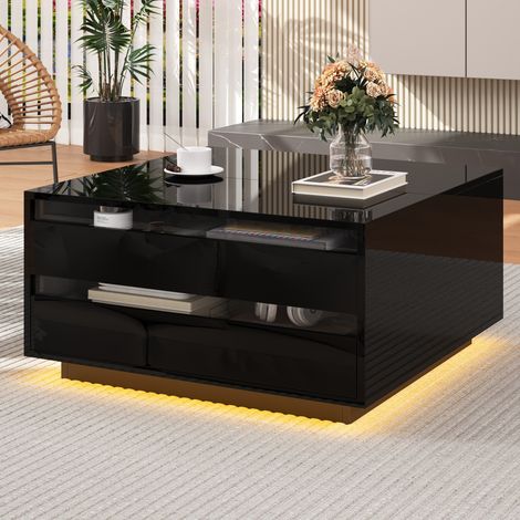 REDOM Mesa de centro elevable 70x70x38 cm con LED por app, 1 cajón, tablero de partículas negro (1/5)