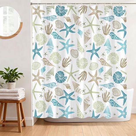 Rideau de Douche Thème Océan Anti Moisissure 180 x 180 cm Rideau Douche Étoile de Mer Coquillage Tissu Polyester Imperméable Lavable Rideau Baignoire avec 12 Crochets (1/5)