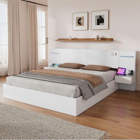 Lit 180x200 cm avec USB, horloge, Bluetooth et 2 chevets blanc (1/5)