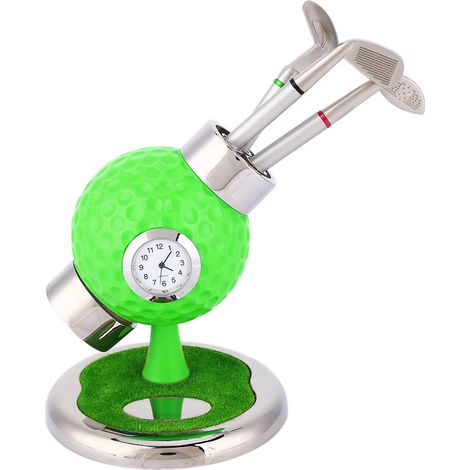 Porte-stylo boule de golf avec horloge et 3 crayons - Pot à crayons bureau étude vert (1/5)