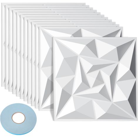 Pannello murale 3D da dipingere - confezione da 1,08 m² - lotto di 12 pezzi - 0,3x0,3 m - Bianco - Con nastro biadesivo (1/4)