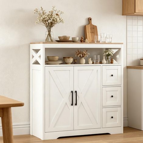 Credenza a 2 ante – 100×40×105 cm – 4 ante, 3 cassetti – Scomparti modulari – Scomparti a 3 zone – Stile country – Legno bianco (1/5)