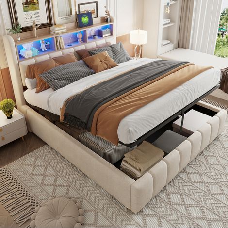Lit coffre rembourré en tissu lin beige 180x200 cm avec LED, USB/Type-C et sommier à lattes (1/5)