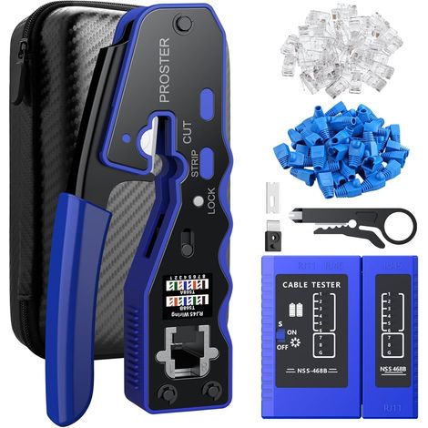 Proster CAT6 8P RJ45 Through Crimp Pliers with Cable Tester RJ45 Kit with 50pcs Gold CAT6 Connectors and Covers, Mini Stripper, Spare Blades, EVA Case Included (1/5)