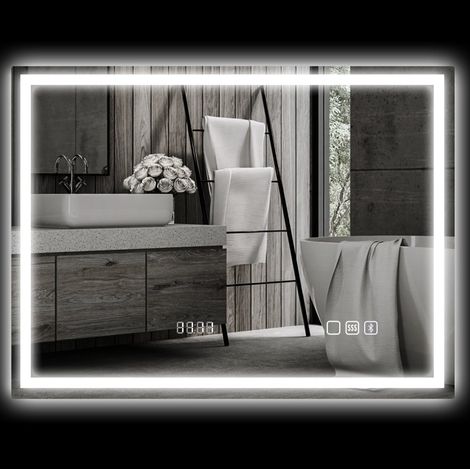 Espejo LED de baño 80 x 60 cm con Bluetooth, reloj y antivaho DESVIAE (1/3)