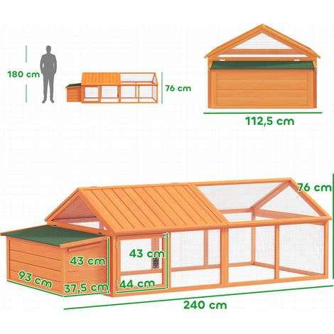 Poulailler/enclos extérieur 2,4 x 1,125 x 0,76 m, verrouillable, en bois de sapin, avec porte et toit à charnières, pour 4 à 8 poules, orange. (1/5)