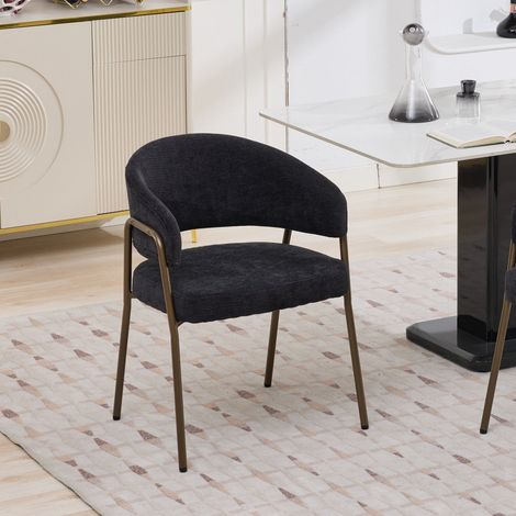 Sedia da sala da pranzo - 57x54x80 cm - Poltrona in ciniglia con braccioli e gambe in ottone - Nero (1/5)
