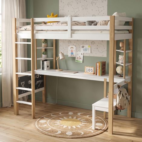 Lit mezzanine 90x200 cm en bois massif blanc avec bureau, escalier et étagère de rangement, style scandinave pour chambre enfant (1/5)