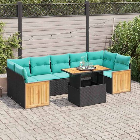 Salon de jardin 10 pièces avec coussins bleus, résine tressée noire et acacia - PANGIVO (1/5)
