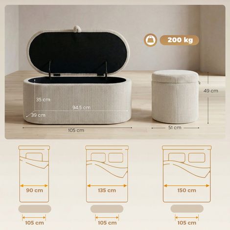 Pouf de rangement, revêtement en velours côtelé avec assise rembourrée, banc de pied de lit, 105 x 51 x 49 cm, beige (1/5)