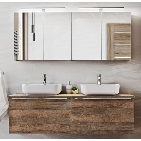 Ensemble salle de bain double vasques blanches 160 cm + cabinets miroirs - Rosario Oak - Livraison gratuite