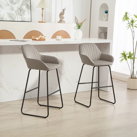 Set di 2 Sgabelli da Bar con Braccioli, Seduta Imbottita e Poggiapiedi, Poliestere Effetto Velluto, Grigio (1/4)