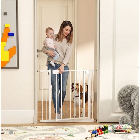Barrière de sécurité enfant 89x3x76 cm en métal blanc, facile à monter pour escalier FloraGrace (1/5)