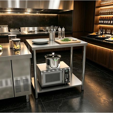 CHICFURN Table de travail en inox 90 x 60 x 86 cm argent à 2 niveaux pour cuisine et atelier (1/5)