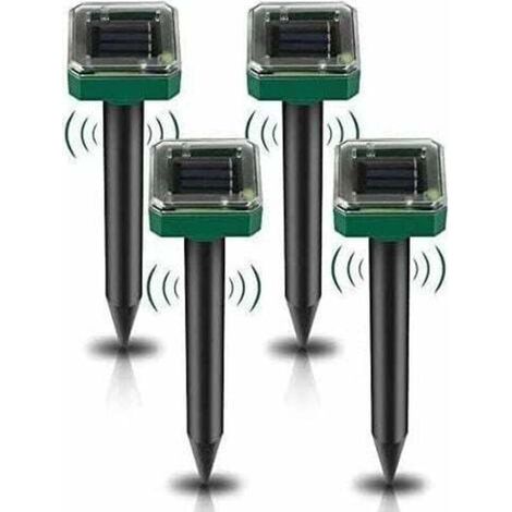 Set mit 4 solarbetriebenen Maulwurfabwehrpfählen – Ultraschall-Maulwurfabwehr – Solarbetriebene Maulwurfsbekämpfung für Maulwürfe, Schlangen, Wühlmäuse, Taschenratten und andere Tiere