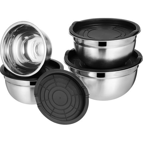 Ensemble de 4 bols en acier inoxydable avec couvercles noirs, diamètres 14-20 cm (1/4)