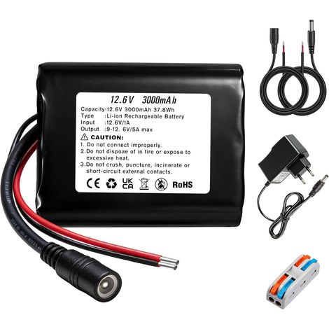 Batterie lithium-ion rechargeable 12,6 V 3000 mAh avec chargeur et 2 câbles de connexion pour panneau solaire, radio, appareil photo, caméscope, lampe de lecture DIY, télescope, sonar (1/5)