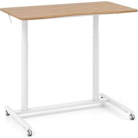Bureau assis-debout mobile naturel en forme de C réglable avec 4 roulettes verrouillables et structure métal pour bureau et chambre (1/5)