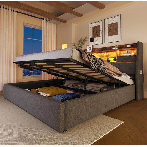 Letto imbottito retrò 140x190 cm grigio in lino, contenitore idraulico, testiera con LED e porte USB/Type-C