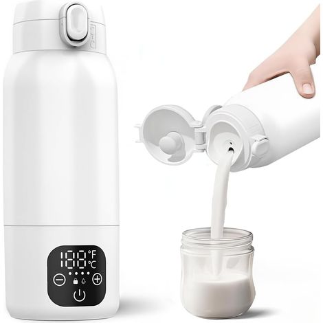 Scaldabiberon portatile da 500 ml, scaldabiberon portatile senza fili con schermo LCD, scaldabagno per auto con batteria da 11000 mAh per latte materno, riscaldamento rapido, temperatura regolabile da