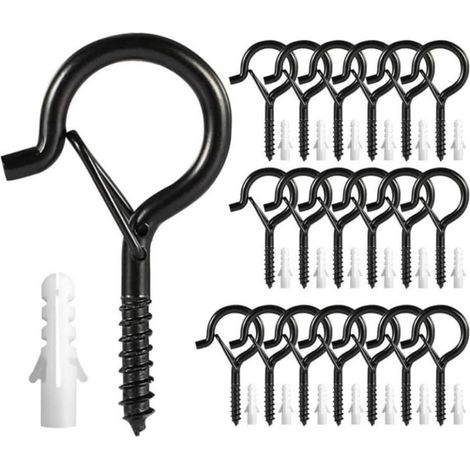 Lot de 20 crochets noirs avec boucle de sécurité, crochets Q-Hanger, crochets à vis coupe-vent pour suspendre des guirlandes lumineuses extérieures, des crochets de plafond, des plantes, des lumières (1/5)