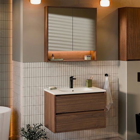 Conjunto mueble simple lavabo encastrado 80cm y armario espejo Edmé Madera oscura (1/4)