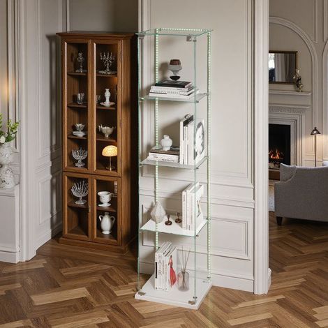 Glasvitrine - LED - 4 Regale - Präsentationsschrank für das Wohnzimmer - Für Sammlungen - Skandinavisch - 163 x 39 x 35cm - Weiß