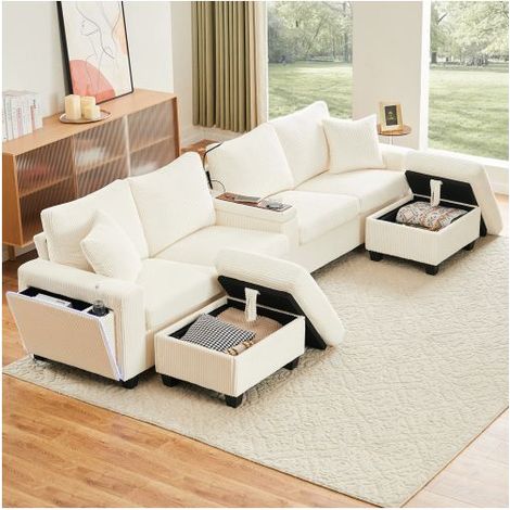 Canapé Droit 271x140x90cm Coffre de Rangement, LED, Port USB - Canapé Modulable - 2 Poufs, Console Porte-gobelet, Tissu Beige Clair (1/5)